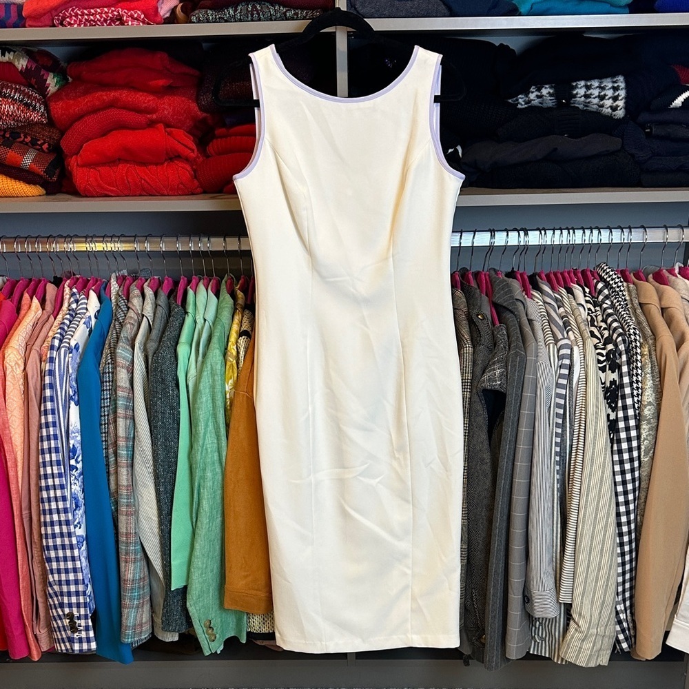 Eva Mendes white/lavender piping back zipper closure midi dress size 4 NWT